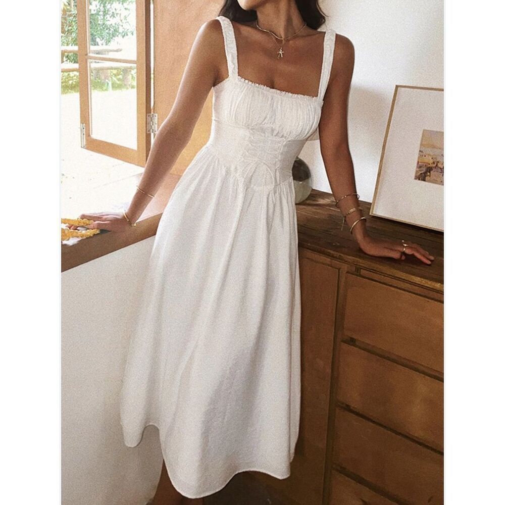 Commense White Midi Dress Corset Lace-Up Bustier Smocked Summer Sundress Size Me